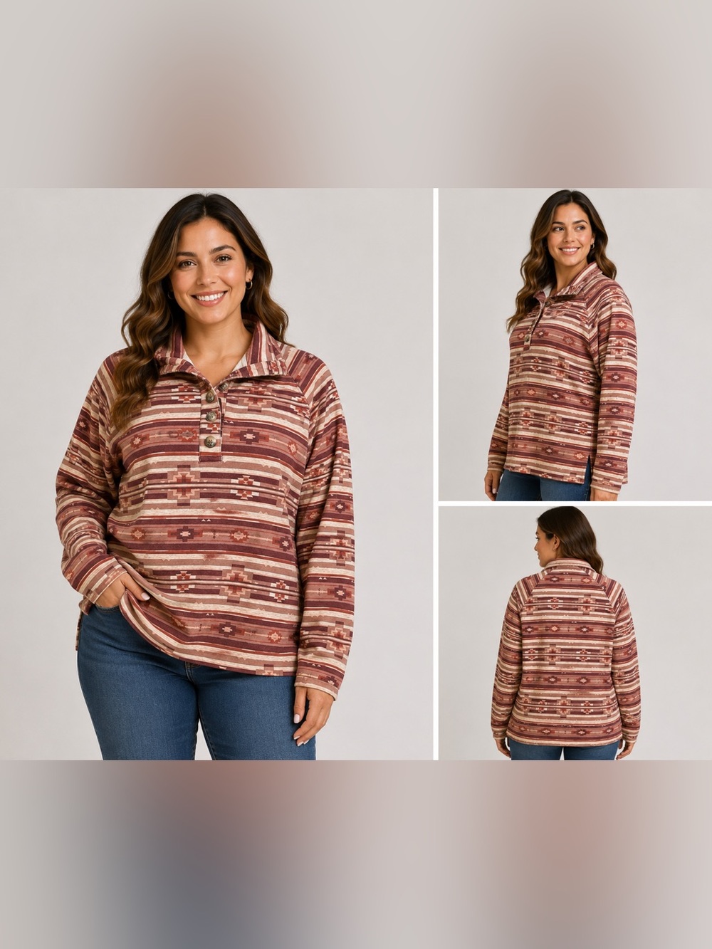 Ariat REAL Womens Medium Southwestern Aztec Pullover Fleece Button Neck Western